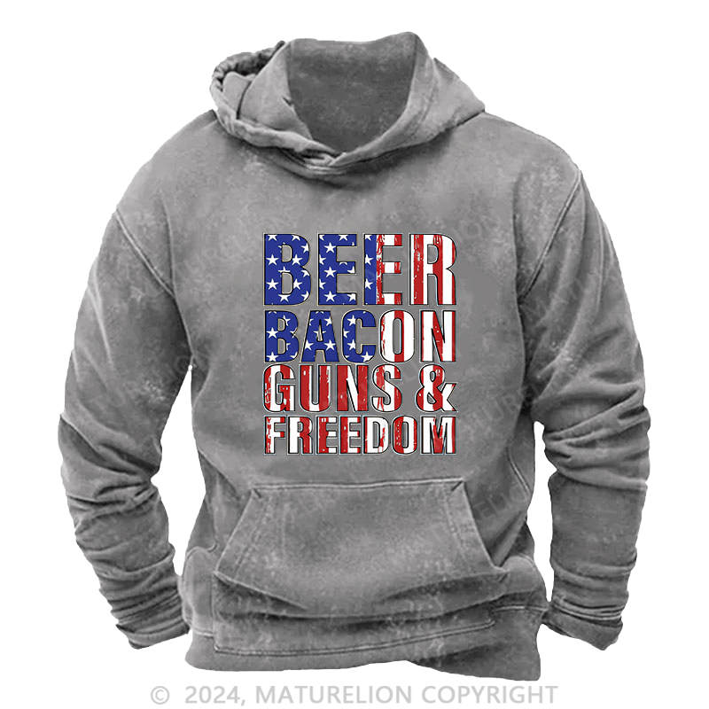 Maturelion Men's Hoodie Beer Bacon Guns And Freedom DTG Printing Washed Hoodie