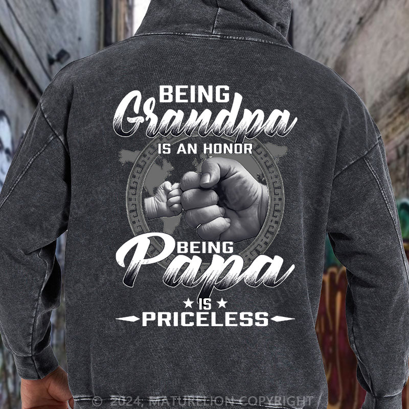 Maturelion Being Grandpa Is An Honor Being Papa Is Priceless Funny Family DTG Printing Washed Hoodie