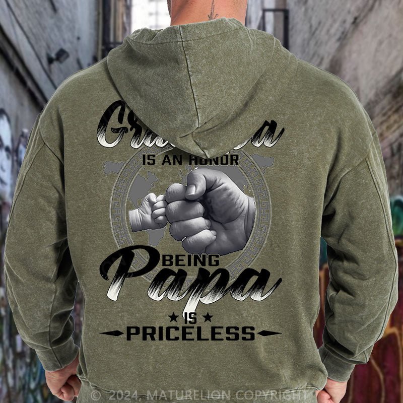 Maturelion Being Grandpa Is An Honor Being Papa Is Priceless Funny Family DTG Printing Washed Hoodie