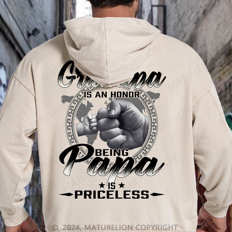 Maturelion Being Grandpa Is An Honor Being Papa Is Priceless Funny Family DTG Printing Washed Hoodie