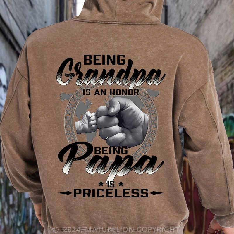 Maturelion Being Grandpa Is An Honor Being Papa Is Priceless Funny Family DTG Printing Washed Hoodie