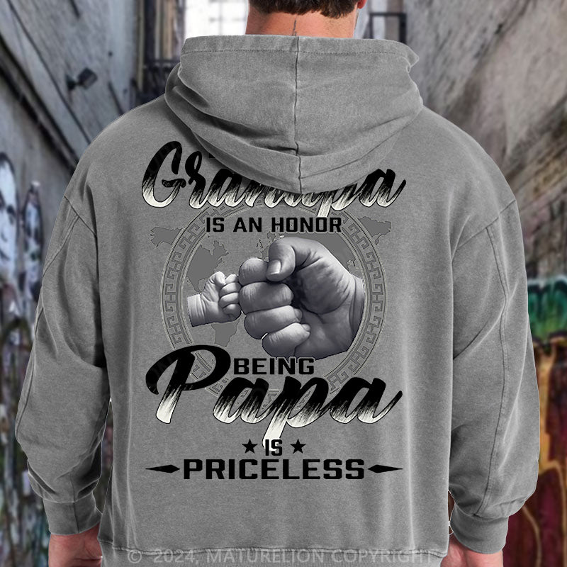 Maturelion Being Grandpa Is An Honor Being Papa Is Priceless Funny Family DTG Printing Washed Hoodie