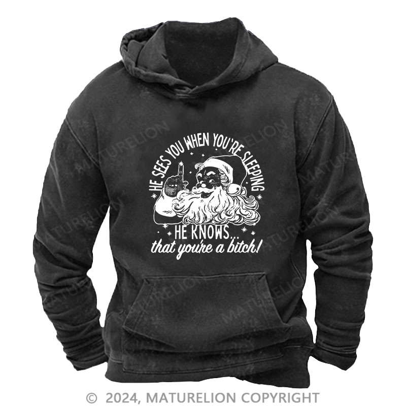 Maturelion Men's Hoodie He Sees You When You'Re Sleeping DTG Printing Washed Hoodie