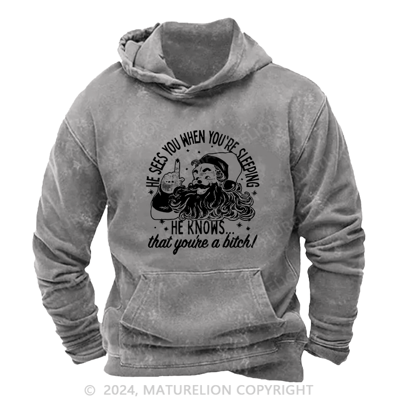 Maturelion Men's Hoodie He Sees You When You'Re Sleeping DTG Printing Washed Hoodie