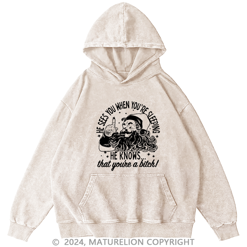 Maturelion Men's Hoodie He Sees You When You'Re Sleeping DTG Printing Washed Hoodie