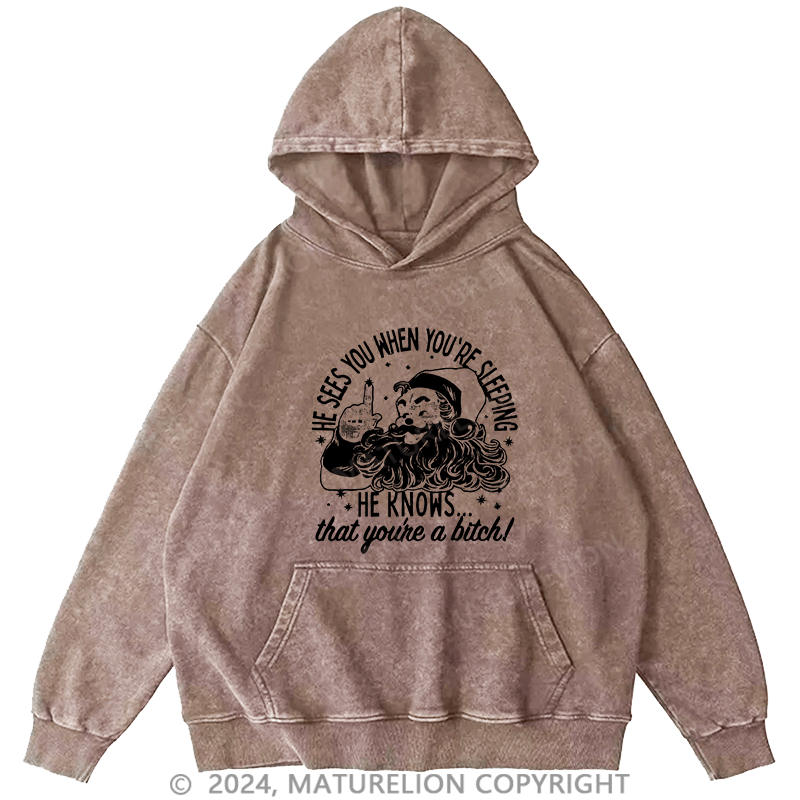 Maturelion Men's Hoodie He Sees You When You'Re Sleeping DTG Printing Washed Hoodie