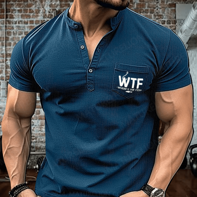 Maturelion WTF - Where's The Fish Funny Print Henley Shirt