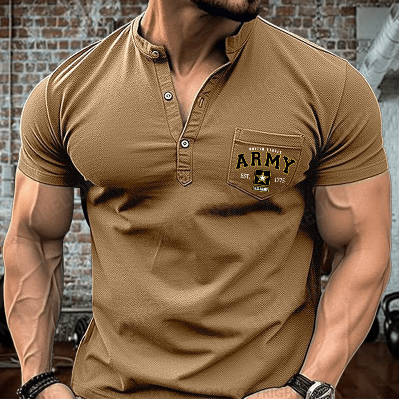 Maturelion US Army Veteran Pride Military United States Graphic Henley Shirt