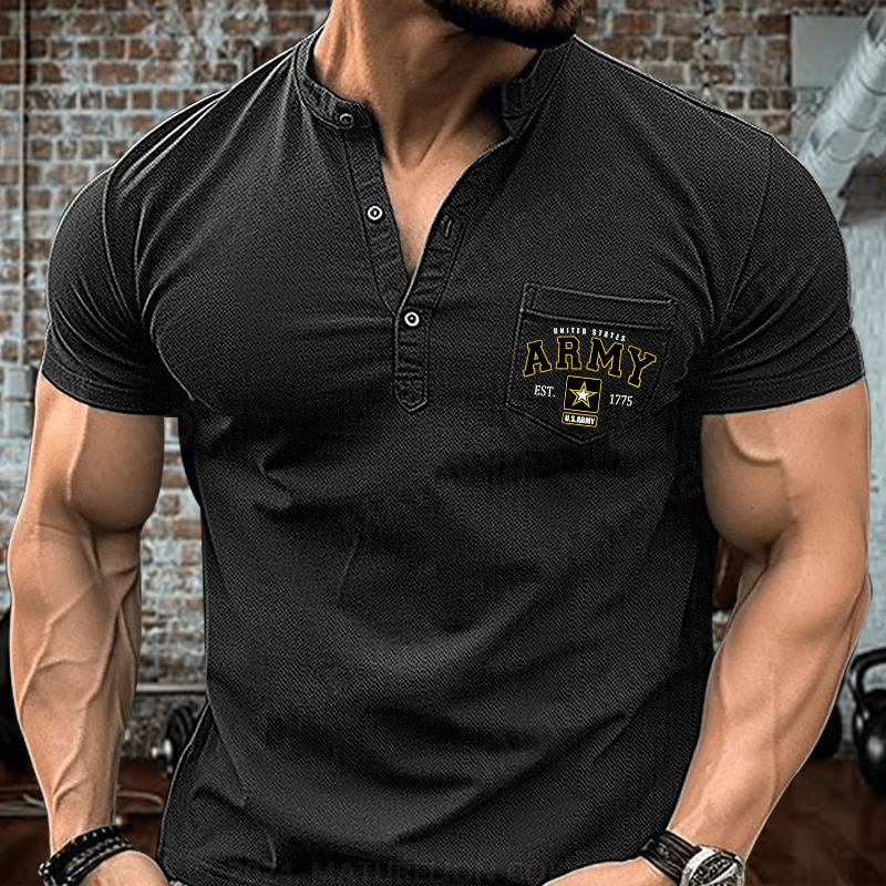 Maturelion US Army Veteran Pride Military United States Graphic Henley Shirt