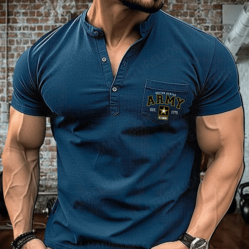 Maturelion US Army Veteran Pride Military United States Graphic Henley Shirt