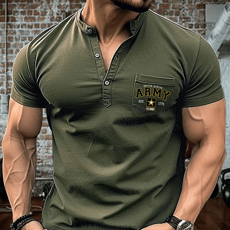 Maturelion US Army Veteran Pride Military United States Graphic Henley Shirt