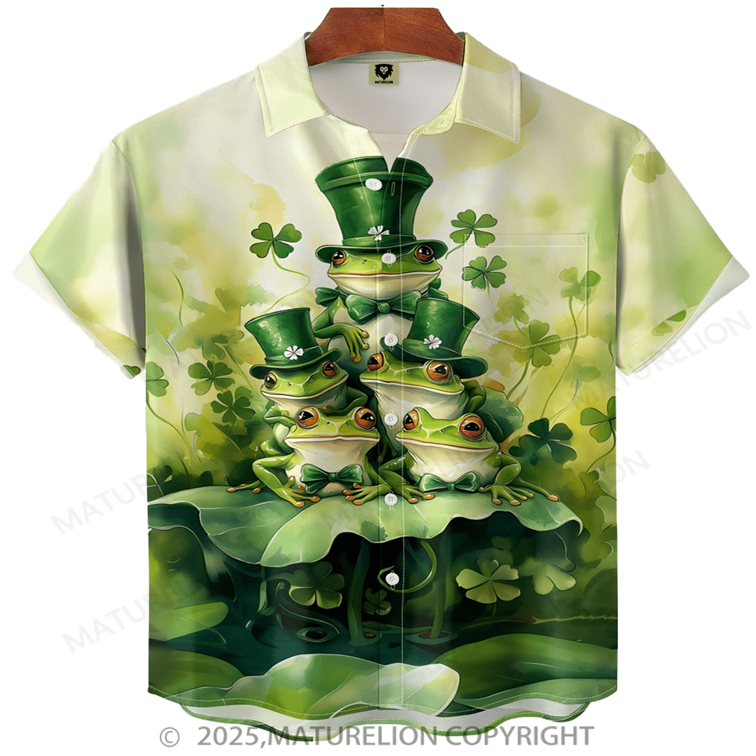 Maturelion St.Patrick's Hawaiian Shirt Frog Family Four-Leaf Clover Green Hawaiian Shirt