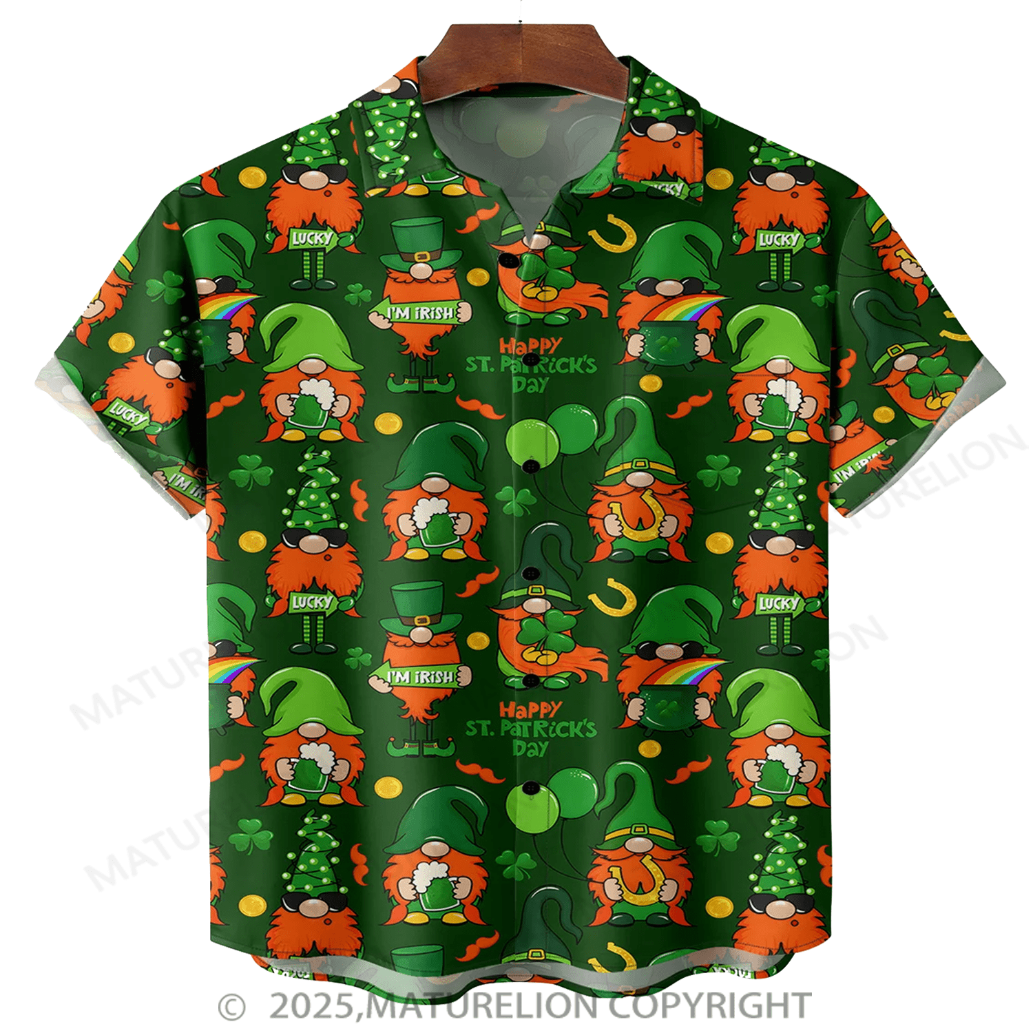 Maturelion St.Patrick's Hawaiian Shirt Green Irish St. Patrick's Day Lucky Clover Gold Coins Hawaiian Shirt