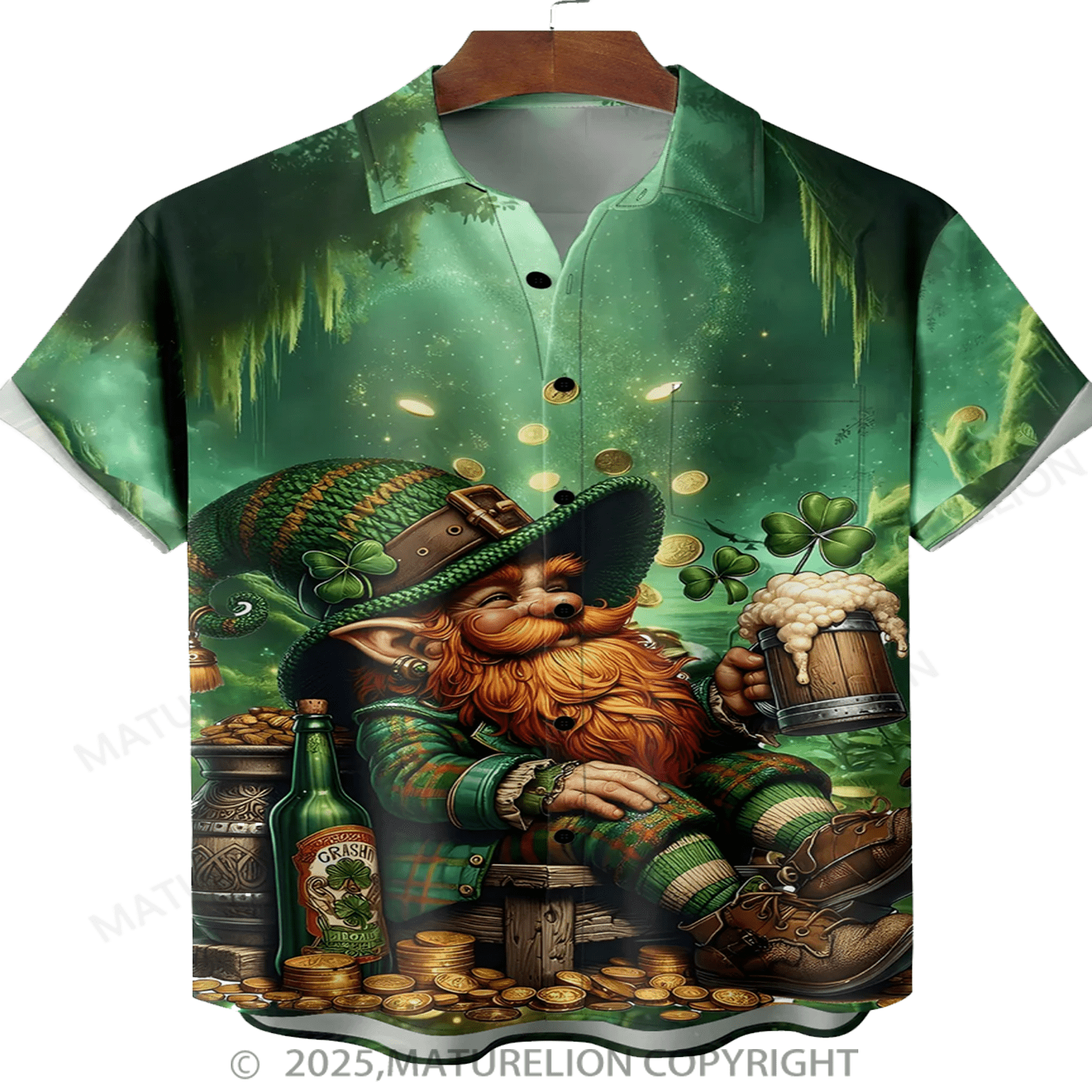 Maturelion St.Patrick's Hawaiian Shirt Moisture-wicking Lucky St. Patrick's Day Gnome Beer and Gold Coin Hawaiian Shirt