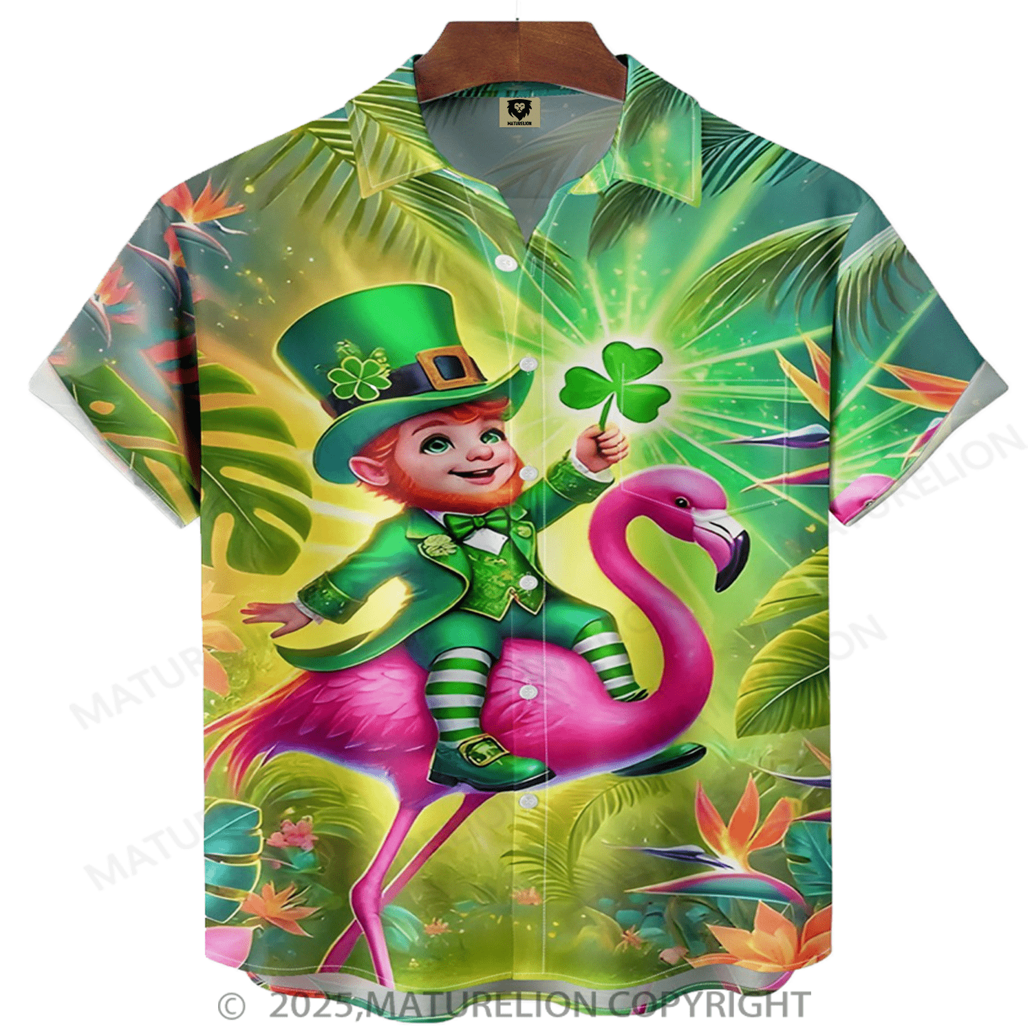 Maturelion St.Patrick's Hawaiian Shirt Pygmy Hawaiian Flamingo Chest Pocket Hawaiian Shirt