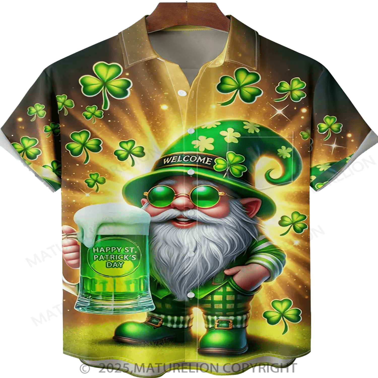 Maturelion St.Patrick's Hawaiian Shirt St. Patrick's Day Shamrock Gnome Beer Chest pocket Hawaiian Shirt