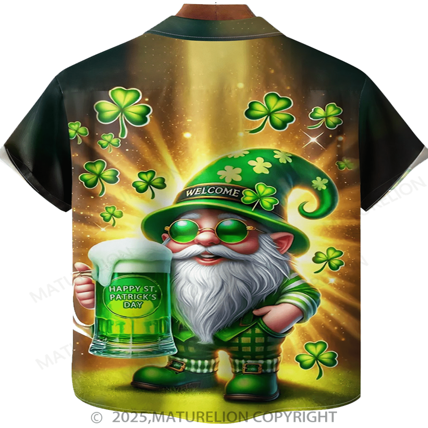 Maturelion St.Patrick's Hawaiian Shirt St. Patrick's Day Shamrock Gnome Beer Chest pocket Hawaiian Shirt