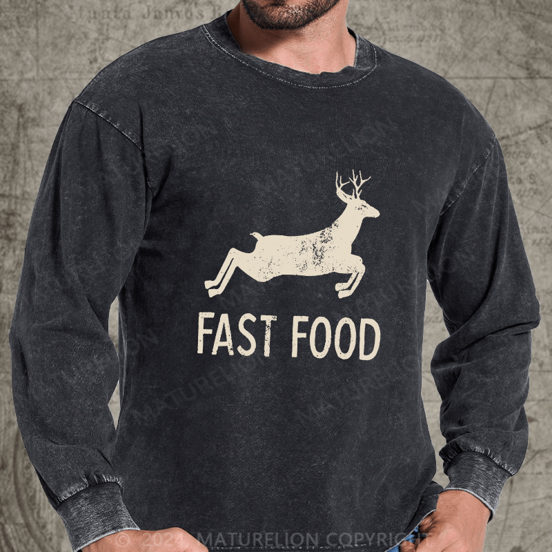 Maturelion Fast Food Funny Men Hunting DTG Printing Washed Long Sleeve Shirt