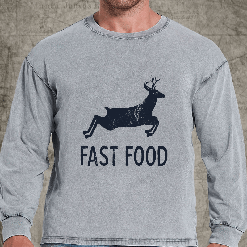 Maturelion Fast Food Funny Men Hunting DTG Printing Washed Long Sleeve Shirt