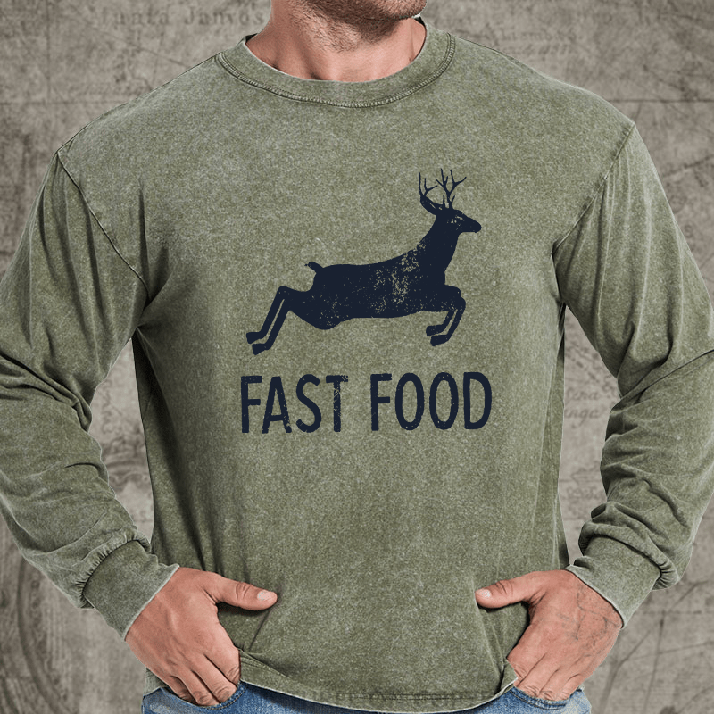 Maturelion Fast Food Funny Men Hunting DTG Printing Washed Long Sleeve Shirt