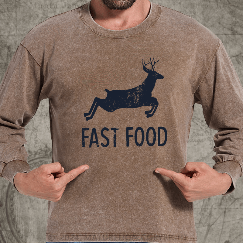 Maturelion Fast Food Funny Men Hunting DTG Printing Washed Long Sleeve Shirt