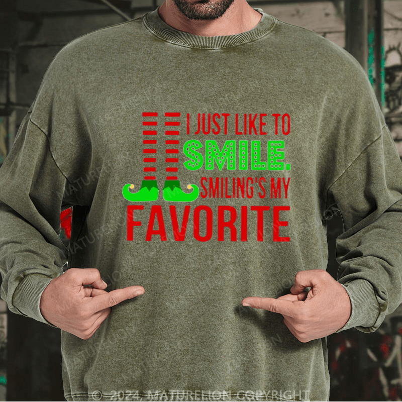 Maturelion Christmas Sweatshirt Smiling’s My Favorite DTG Printing Washed sweatshirt