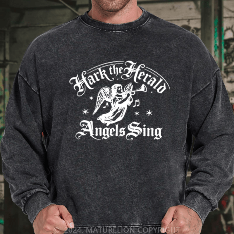 Maturelion Christmas Sweatshirt Hark! The Herald Angels Sing DTG Printing Washed sweatshirt