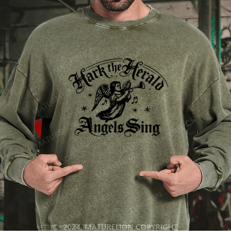 Maturelion Christmas Sweatshirt Hark! The Herald Angels Sing DTG Printing Washed sweatshirt