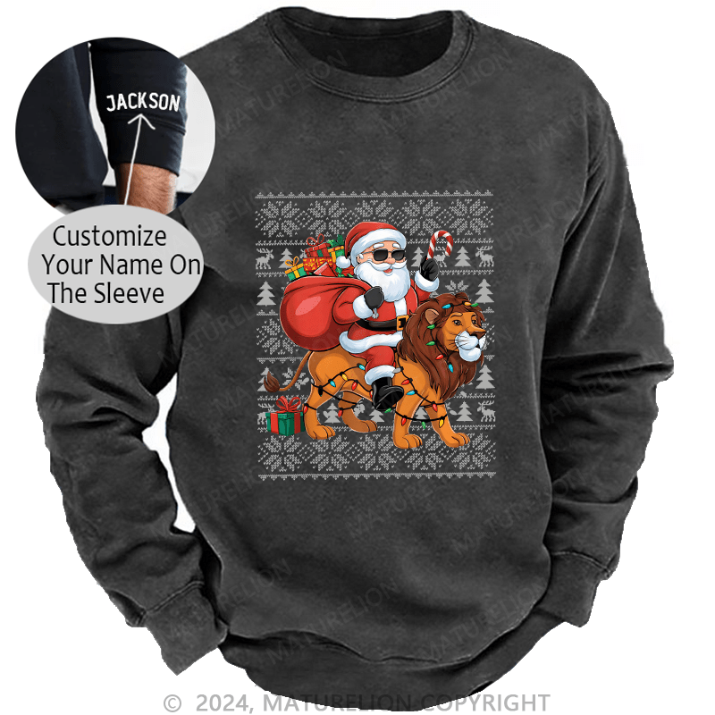 Maturelion Men's Sweatshirt Lion Xmas Lighting Santa Riding Custom Sweatshirt