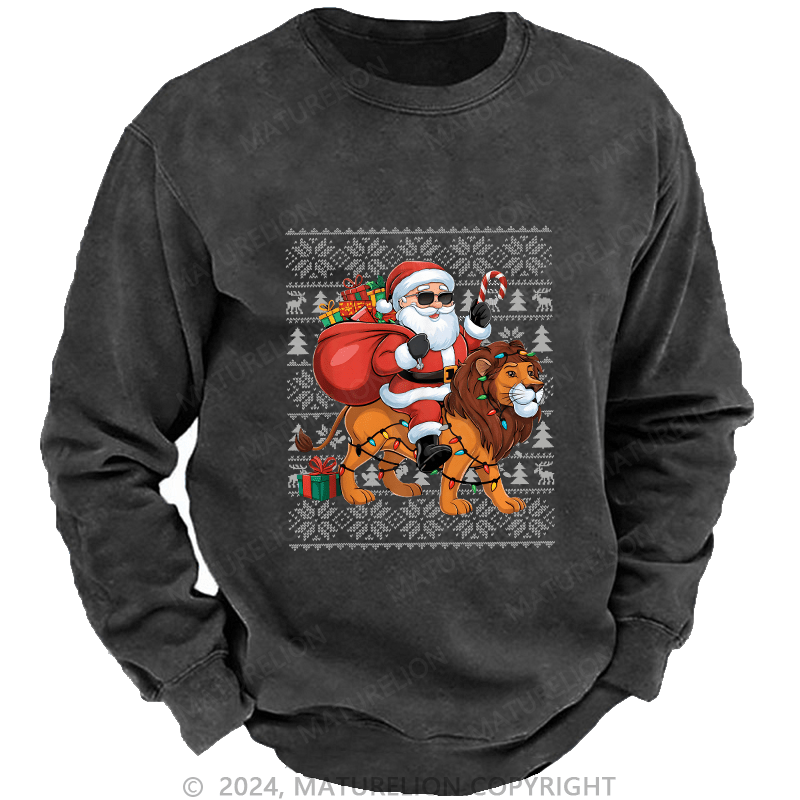 Maturelion Men's Sweatshirt Lion Xmas Lighting Santa Riding Custom Sweatshirt