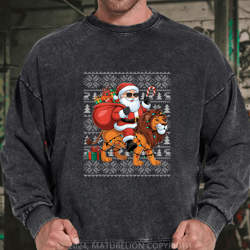 Maturelion Men's Sweatshirt Lion Xmas Lighting Santa Riding Custom Sweatshirt