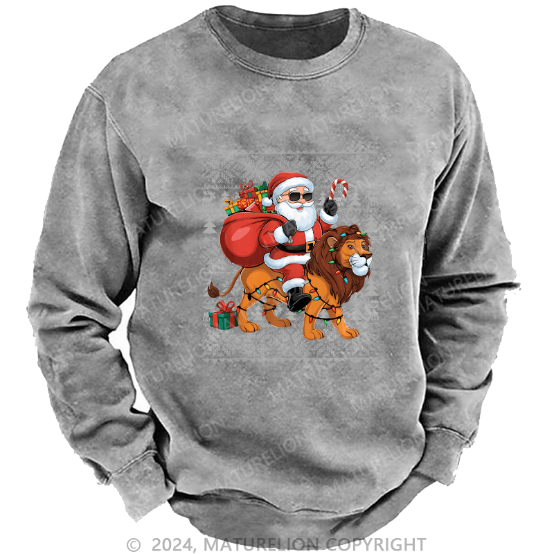 Maturelion Men's Sweatshirt Lion Xmas Lighting Santa Riding Custom Sweatshirt