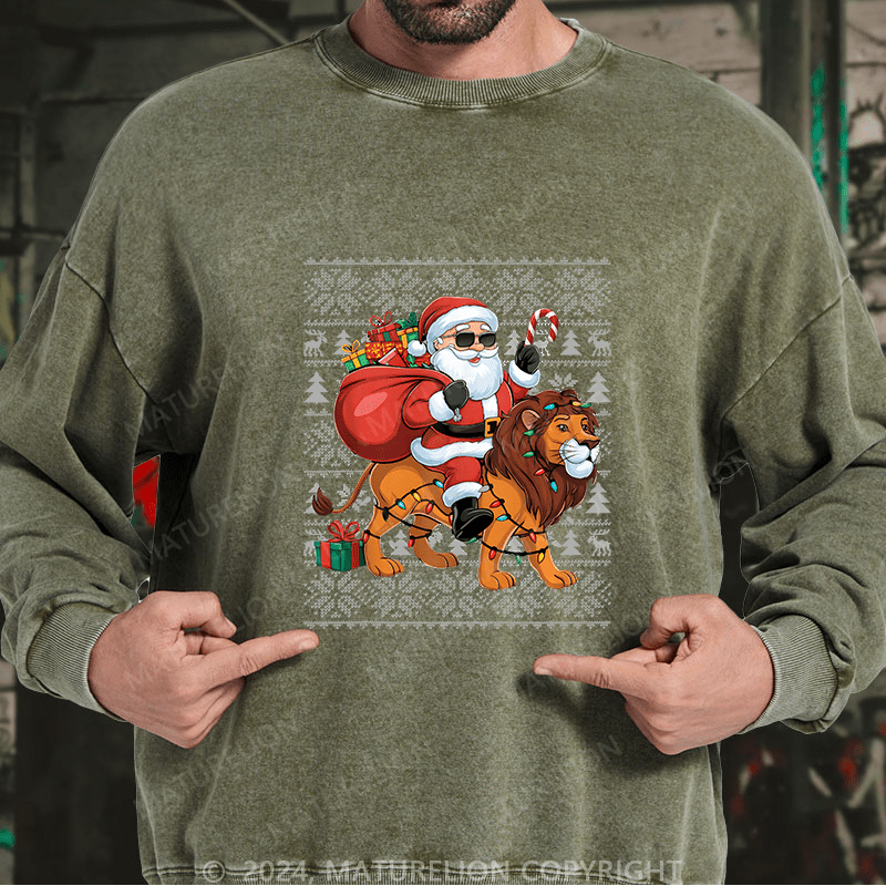 Maturelion Men's Sweatshirt Lion Xmas Lighting Santa Riding Custom Sweatshirt