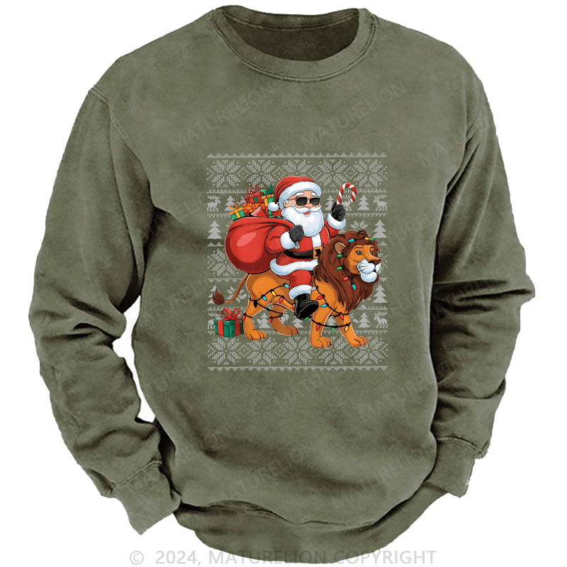 Maturelion Men's Sweatshirt Lion Xmas Lighting Santa Riding Custom Sweatshirt