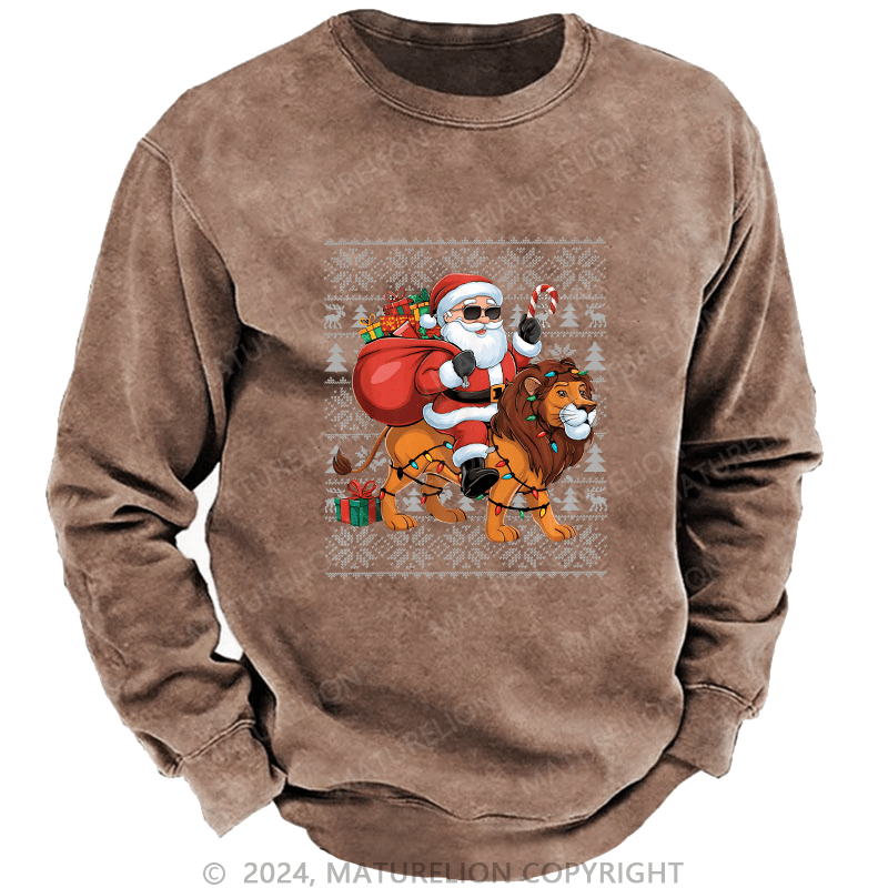 Maturelion Men's Sweatshirt Lion Xmas Lighting Santa Riding Custom Sweatshirt