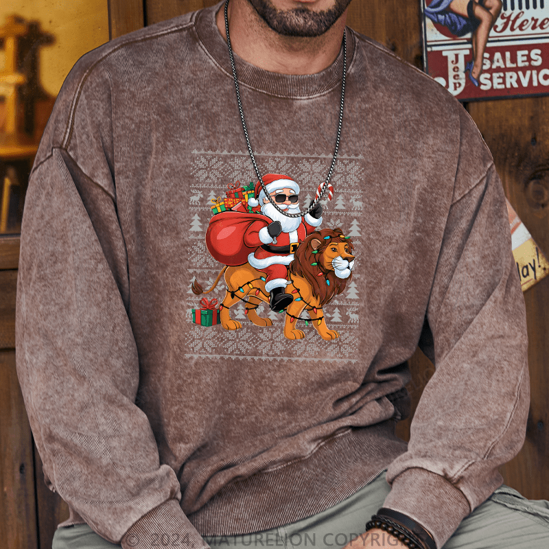 Maturelion Men's Sweatshirt Lion Xmas Lighting Santa Riding Custom Sweatshirt