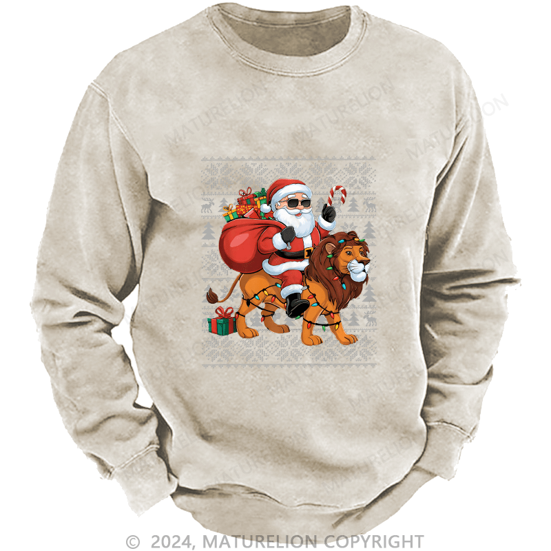 Maturelion Men's Sweatshirt Lion Xmas Lighting Santa Riding Custom Sweatshirt