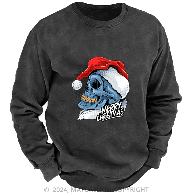 Maturelion Men's Sweatshirt Christmas Skull Wearing Santa Claus Hat Custom Sweatshirt