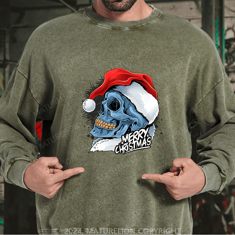 Maturelion Men's Sweatshirt Christmas Skull Wearing Santa Claus Hat Custom Sweatshirt