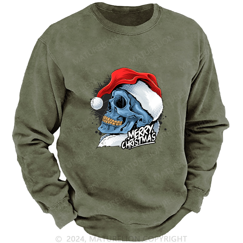 Maturelion Men's Sweatshirt Christmas Skull Wearing Santa Claus Hat Custom Sweatshirt