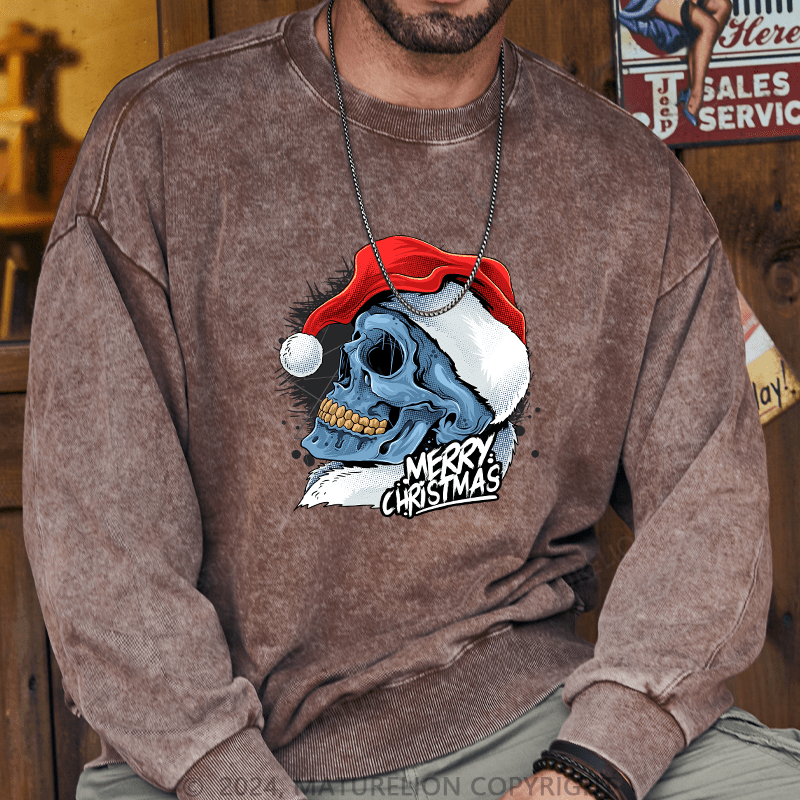 Maturelion Men's Sweatshirt Christmas Skull Wearing Santa Claus Hat Custom Sweatshirt