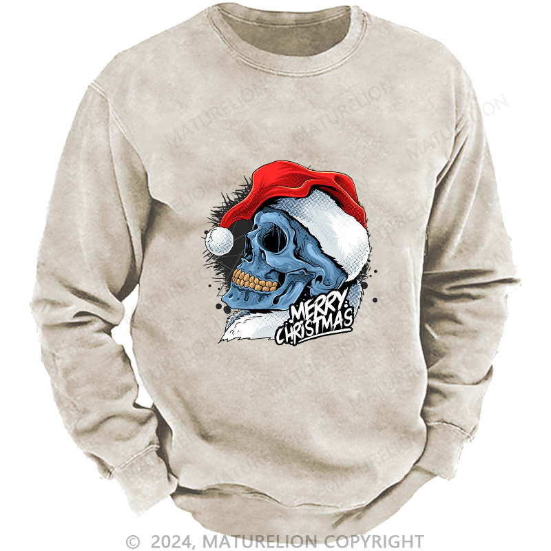 Maturelion Men's Sweatshirt Christmas Skull Wearing Santa Claus Hat Custom Sweatshirt