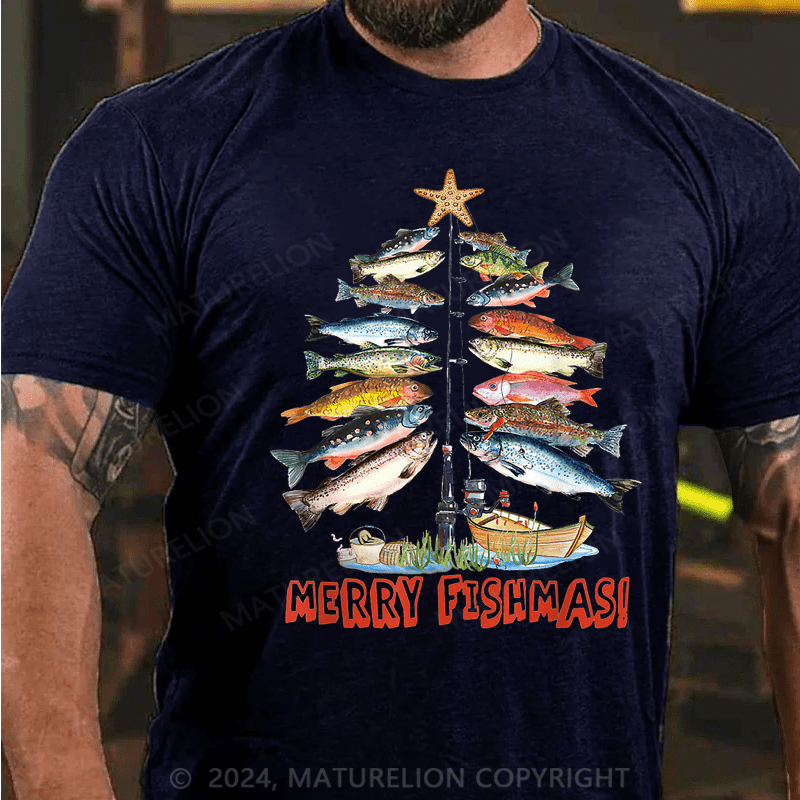 Maturelion Christmas T-Shirt Merry Fishmas Christmas Tree Fish Funny Fishing Classic T-Shirt