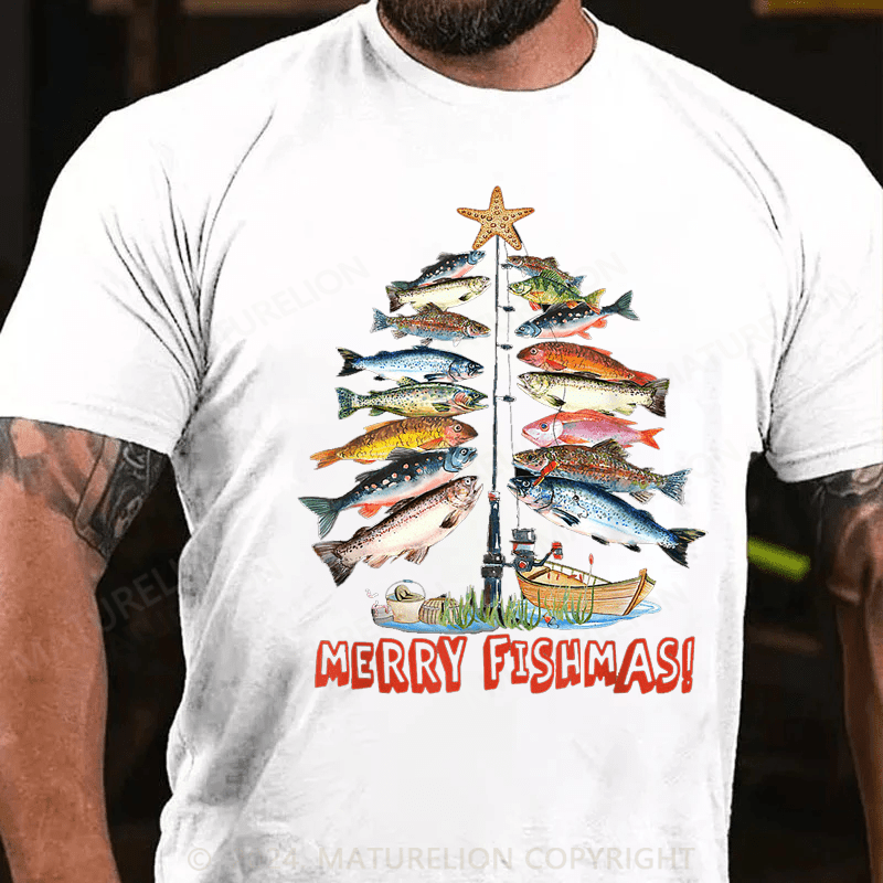 Maturelion Christmas T-Shirt Merry Fishmas Christmas Tree Fish Funny Fishing Classic T-Shirt