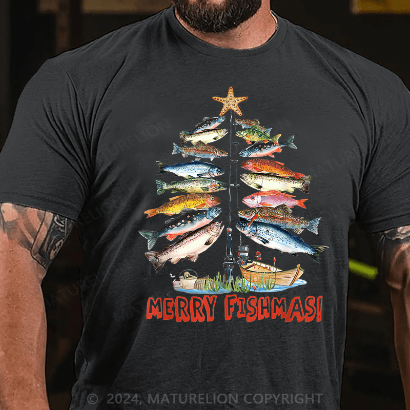 Maturelion Christmas T-Shirt Merry Fishmas Christmas Tree Fish Funny Fishing Classic T-Shirt