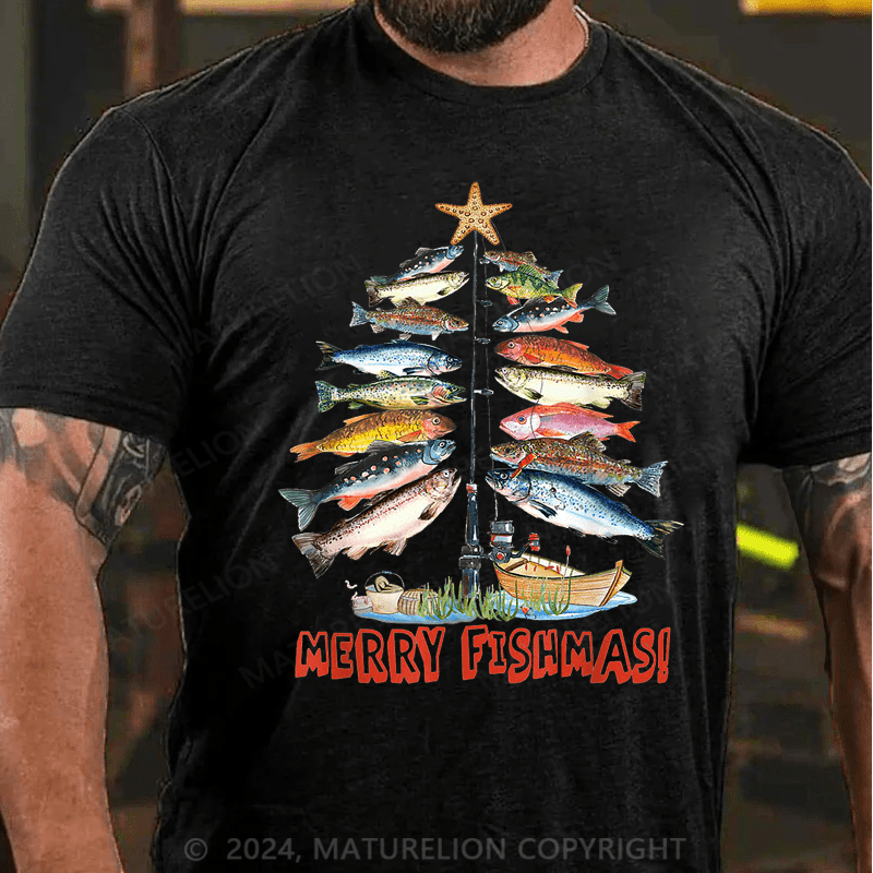 Maturelion Christmas T-Shirt Merry Fishmas Christmas Tree Fish Funny Fishing Classic T-Shirt