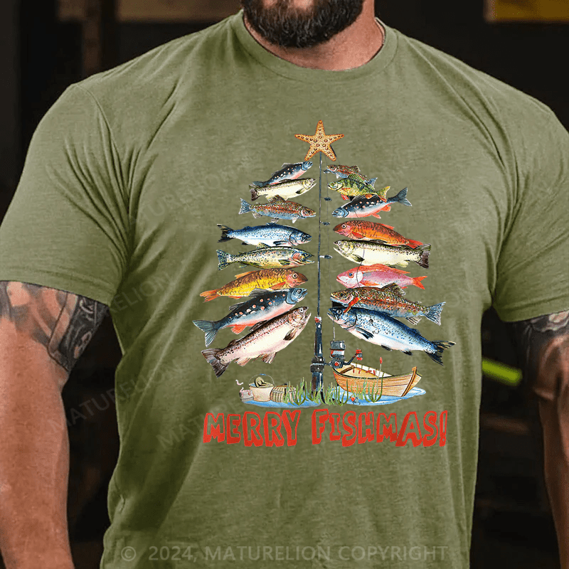 Maturelion Christmas T-Shirt Merry Fishmas Christmas Tree Fish Funny Fishing Classic T-Shirt