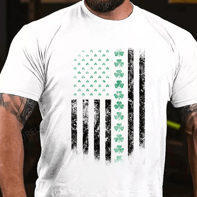 Maturelion St Patrick's T-shirt St Patricks Day USA Flag Shamrock Clover T-Shirt