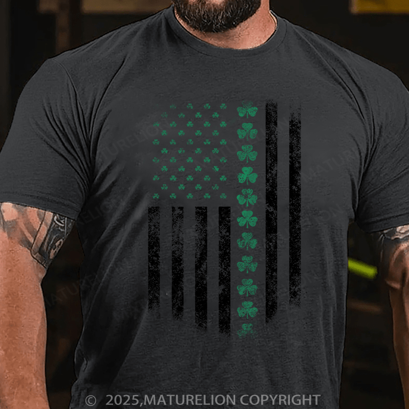 Maturelion St Patrick's T-shirt St Patricks Day USA Flag Shamrock Clover T-Shirt