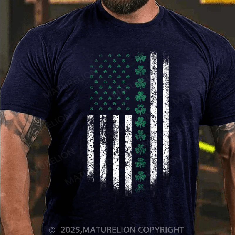 Maturelion St Patrick's T-shirt St Patricks Day USA Flag Shamrock Clover T-Shirt